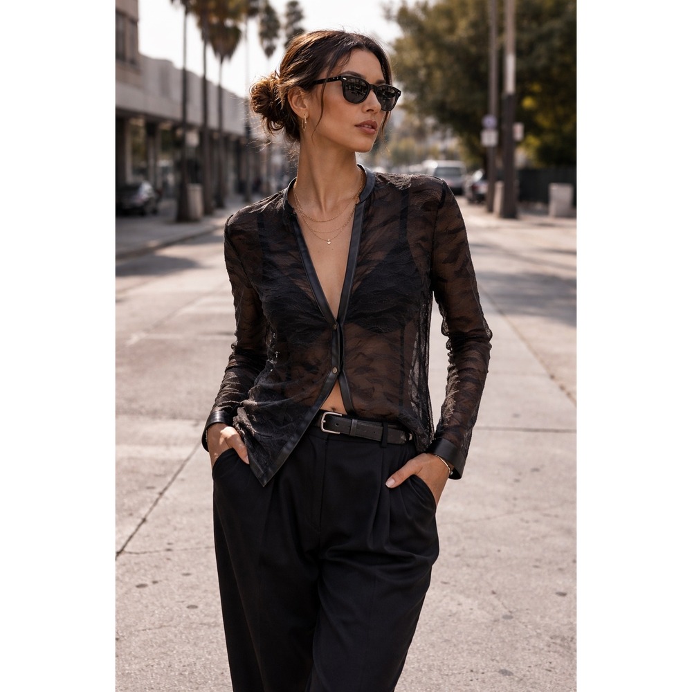 Helmut Lang Sheer Black Shirt Womens Medium Leather Trim Textured Snap Front